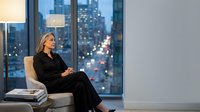 Professional blonde businesswoman in black suit sitting by office window overlooking city skyline at dusk, corporate executive lifestyle and success concept.
