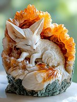Sleeping white fox figurine nestled in orange crystal geode formation against natural stone base, showcasing delicate carved details and peaceful expression.