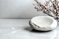Minimalist white ceramic bowl on marble surface with dried branches, neutral styling for home decor, wellness, and lifestyle design projects.