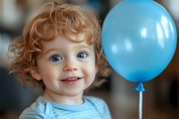 Cheerful toddler with curly ginger hair and bright blue eyes smiling next to matching blue balloon, wearing light blue t-shirt, close-up portrait with soft bokeh background.