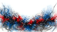 Abstract dynamic composition with flowing red and blue paint strokes creating energetic movement on white background for modern design projects.