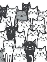 Cute cartoon cat faces pattern in black, white and gray colors. Hand drawn doodle style feline characters crowd composition for fabric, wallpaper and stationery design.