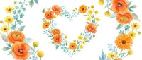 Watercolor floral set with orange poppies, ranunculus, yellow daisies, and a heart wreath on white background, isolated for design use.