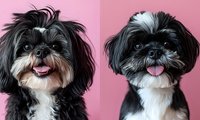 Adorable black and white Shih Tzu dogs with fluffy fur and pink tongues showing happy expressions against pink background, suitable for pet care marketing and social media.