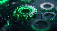 Glowing green mechanical gears with digital circuit elements on dark background illustrate modern technology and innovation concept for business solutions.