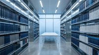 Modern library interior with rows of bookshelves and reading table in bright minimalist space for academic research and study environments.