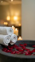 Rolled white towels and red rose petals on dark surface with warm bokeh lights creating romantic spa atmosphere for wellness and relaxation treatments.
