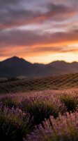 Lavender field at sunset with dramatic orange and purple sky over mountain landscape creating peaceful agricultural scenery for wellness and nature themes.