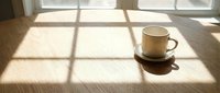 Steaming coffee mug on wooden floor with natural sunlight streaming through window panes, creating geometric shadows for morning beverage and interior design projects.