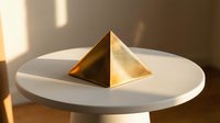 Golden pyramid sculpture on white round table with warm sunlight casting shadows, suitable for luxury interior design, modern art displays, and contemporary home decor projects.