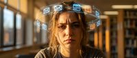 Young woman experiencing digital overwhelm with floating technology icons around her head in modern office environment for stress and burnout concepts.