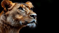 Majestic lioness head in profile against dark background showcasing intense blue eyes, detailed facial features and golden-brown fur in dramatic lighting.