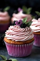 Gourmet cupcakes with pink frosting, purple heart decorations and blackberries on dark background for bakery menu, dessert photography and food styling.