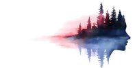 Double exposure silhouette of woman profile with misty forest landscape and lake reflection in watercolor style for mindfulness and nature concepts.