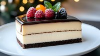 Elegant slice of layered cheesecake with chocolate glaze, topped with fresh raspberries, blackberry, kumquat and mint leaf on white plate against blurred lights.