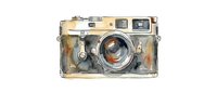 Vintage film camera with weathered cream and brass body, featuring manual controls and glass lens element, isolated on white background for design and creative projects.