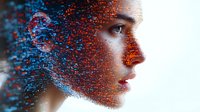 Profile view of young woman with digital particle dispersion effect in orange and blue tones creating artistic disintegration pattern. Conceptual technology portrait.