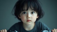 Close up portrait of young Asian child with expressive eyes and short black hair looking directly at camera against blurred teal background.