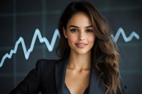 Young professional businesswoman with long brown wavy hair and confident smile wearing black blazer against financial chart background, representing success in finance sector.