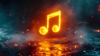 Glowing musical note symbol floating over reflective surface with orange and blue atmospheric lighting effects and particles in dark background.
