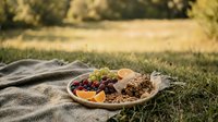 Wooden plate with mixed nuts, dried fruits and crackers on blanket in sunny meadow for outdoor picnic and healthy snacking during golden hour sunset.