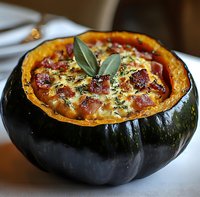 Savory stuffed acorn squash filled with melted cheese, crispy bacon, and fresh herbs served in dark green squash bowl, garnished with sage leaves on white surface.
