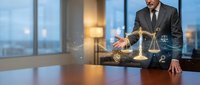 Professional male lawyer in dark suit holding golden scales of justice in modern office with city skyline view, representing legal services and consultation.