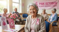 Senior Caucasian woman with gray hair smiling at breast cancer awareness event, wearing pink ribbon, surrounded by educational materials and flowers.
