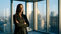 Confident businesswoman with crossed arms standing by office windows overlooking city skyline at sunset. Professional female executive in corporate environment.