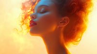 Young woman with curly hair in profile against glowing orange sunset background, dramatic lighting creates ethereal mood with warm tones and soft focus effect.