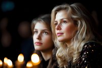 Elegant blonde woman and young brunette in evening attire gazing thoughtfully at glowing candlelight against dark background, creating dramatic atmosphere.
