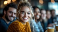 Young Caucasian woman in yellow sweater smiling brightly at coffee shop, with blurred people in background. Natural lighting creates warm ambiance for lifestyle and social gathering scene.
