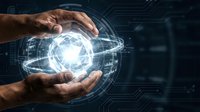 Male hands protecting glowing digital sphere with circuit patterns representing cybersecurity, data protection and futuristic technology innovation concepts.
