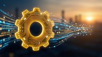 Golden gear with digital data stream flowing across dark background at sunset, representing technology, automation, and industrial innovation for business and engineering concepts.