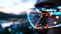 Futuristic city lights reflected and inverted through ski goggles lens with bokeh effect creating abstract urban nightscape perspective at dusk.