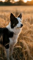 Border collie dog sitting in golden wheat field during sunset with warm light creating peaceful rural countryside atmosphere for pet and agriculture themes.