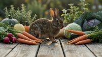 Adorable brown rabbit sitting among fresh organic vegetables including carrots, cabbage, and herbs on rustic wooden table for healthy eating concepts.