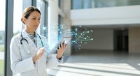 Female doctor using futuristic holographic technology interface in modern medical facility for digital healthcare innovation and telemedicine applications.