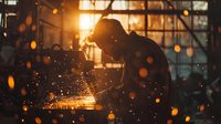 Industrial worker using angle grinder with bright sparks flying in workshop at sunset, dramatic silhouette against golden window light creates atmospheric manufacturing scene.