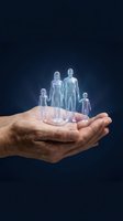 Protective hands holding holographic family figures representing life insurance coverage and financial security for loved ones.