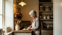 Senior Caucasian woman cooking in rustic farmhouse kitchen with copper pots, wooden shelves and warm lighting. Cozy domestic scene for culinary content.