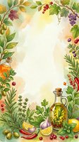 Watercolor culinary frame featuring fresh herbs, berries, citrus, and olive oil bottle with copy space for recipe, menu, or food blog design.