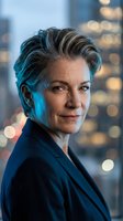 Mature woman with short gray hair and fair complexion wearing dark blazer, photographed against blurred urban cityscape with warm bokeh lighting, suitable for corporate, business, and professional portraits.