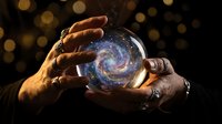 Hands holding glowing crystal ball with spiral galaxy inside against bokeh lights background for fortune telling and mystical predictions.