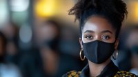 Young African American woman wearing protective black face mask and gold hoop earrings, looking confidently at camera against blurred background. Modern health safety concept.