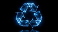 Glowing blue recycling symbol with electric energy effects on black background for environmental sustainability and eco-friendly design concepts.