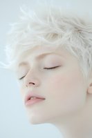 Young woman with platinum blonde spiky hair and pale complexion in serene profile pose with closed eyes against white background, showcasing natural beauty and minimalism.