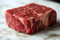 Raw marbled beef steak with rich red meat texture and white fat marbling on marble surface, close up view showing fresh premium cut quality for cooking.