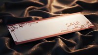 Elegant sale tag with ornate border on luxurious bronze silk fabric background for retail marketing and promotional campaigns.