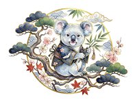 Koala sitting on decorative branch surrounded by Asian botanical elements, fan motifs, and seasonal foliage. Isolated clipart for design projects, merchandise, and creative applications.